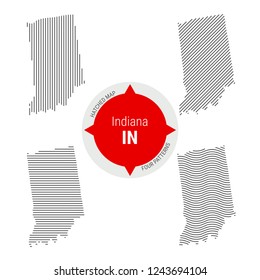 Hatched Pattern Vector Map of Indiana. Stylized Simple Silhouette of Indiana. Four Different Patterns. Illustration Isolated on White Background.