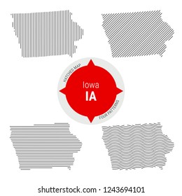 Hatched Pattern Vector Map of Iowa. Stylized Simple Silhouette of Iowa. Four Different Patterns. Illustration Isolated on White Background.