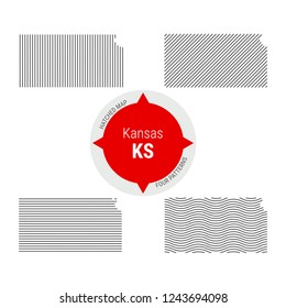 Hatched Pattern Vector Map of Kansas. Stylized Simple Silhouette of Kansas. Four Different Patterns. Illustration Isolated on White Background.