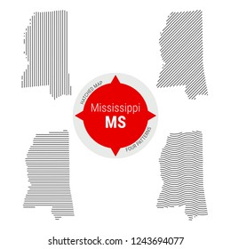 Hatched Pattern Vector Map of Mississippi. Stylized Simple Silhouette of Mississippi. Four Different Patterns. Illustration Isolated on White Background.