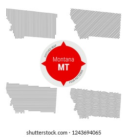 Hatched Pattern Vector Map of Montana. Stylized Simple Silhouette of Montana. Four Different Patterns. Illustration Isolated on White Background.