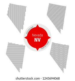 Hatched Pattern Vector Map of Nevada. Stylized Simple Silhouette of Nevada. Four Different Patterns. Illustration Isolated on White Background.