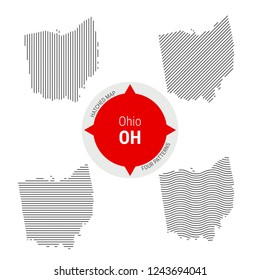 Hatched Pattern Vector Map of Ohio. Stylized Simple Silhouette of Ohio. Four Different Patterns. Illustration Isolated on White Background.