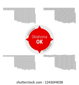 Hatched Pattern Vector Map of Oklahoma. Stylized Simple Silhouette of Oklahoma. Four Different Patterns. Illustration Isolated on White Background.