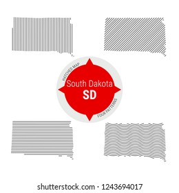 Hatched Pattern Vector Map of South Dakota. Stylized Simple Silhouette of South Dakota. Four Different Patterns. Illustration Isolated on White Background.