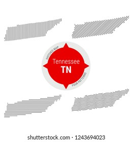 Hatched Pattern Vector Map of Tennessee. Stylized Simple Silhouette of Tennessee. Four Different Patterns. Illustration Isolated on White Background.