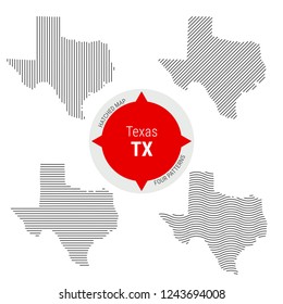 Hatched Pattern Vector Map of Texas. Stylized Simple Silhouette of Texas. Four Different Patterns. Illustration Isolated on White Background.