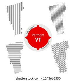 Hatched Pattern Vector Map of Vermont. Stylized Simple Silhouette of Vermont. Four Different Patterns. Illustration Isolated on White Background.