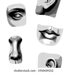 Hatched seamless pattern of face parts in the antique style