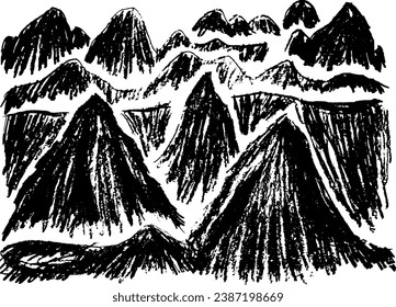 Siluetas de montaña cubiertas de paja. Colinas dibujadas a mano. Elemento de diseño bruto vectorial negro aislado en fondo transparente. Ilustración vintage chisporroteada para superposición
