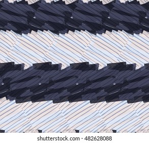 Hatched stripes with blue.Hand drawn with ink seamless background.