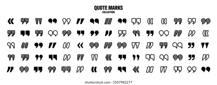 Hatched text quotation marks. Hand drawn quotes icon. Typographic speech mark symbol. Vector illustration. Message or comment. Vector illustration