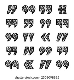 Hatched text quotation marks. Hand drawn quotes icon. Typographic speech mark symbol. Vector illustration. Message or comment. Vector illustration