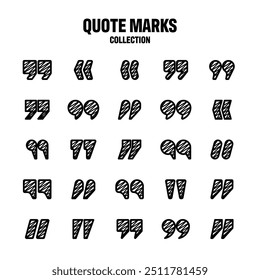 Anführungszeichen für schraffierten Text. Handgezeichnete Anführungszeichen. Typografisches Sprachmarkensymbol. Vektorgrafik. Nachricht oder Kommentar. Vektorgrafik