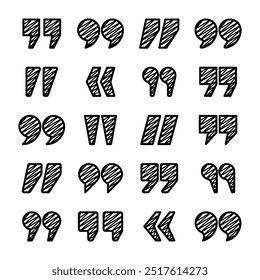 Comillas de texto sombreadas. Icono de citas dibujadas a mano. Símbolo tipográfico de la marca de voz. Ilustración vectorial. Mensaje o comentario. Ilustración vectorial