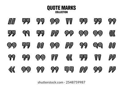 Aspas de texto tracejadas. Ícone de aspas desenhadas à mão. Símbolo de marca de fala tipográfica. Ilustração vetorial. Mensagem ou comentário. Ilustração vetorial