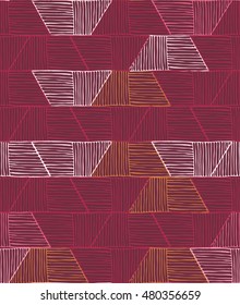 Hatched trapezoids berry colors.Hand drawn with ink and marker brush seamless background.