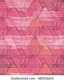 Hatched trapezoids bright pink overlapping.Hand drawn with ink and marker brush seamless background.