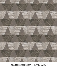 Hatched trapezoids diagonal overlapping brown.Hand drawn with ink and marker brush seamless background.