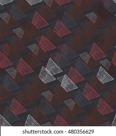 Hatched trapezoids diagonal random overlapping on brown.Hand drawn with ink and marker brush seamless background.