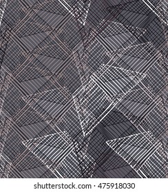 Hatched trapezoids overlapping on brown.Hand drawn with ink and marker brush seamless background.
