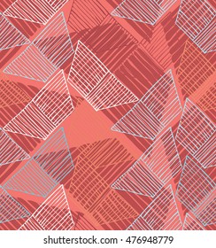 Hatched trapezoids red and blue on orange.Hand drawn with ink and marker brush seamless background.