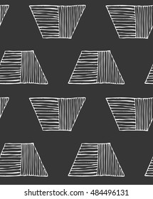Hatched trapezoids single white on black.Hand drawn with ink seamless background.