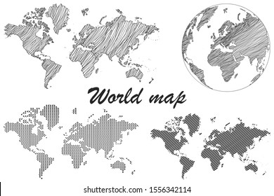 Hatched world map. Set. Doodle. Political map of the world on a white background. Countries. Globe. Black-white doodle drawing. Vector illustration. Scribble. Handmade.