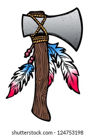 Hatchet axe drawing with feathers and beads