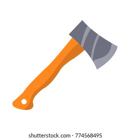 Hatchet consisting of sharp blade and wooden handle with small hole in it isolated vector illustration on white background. Type of hand axe