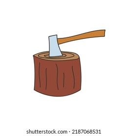 Hatchet Stuck Into A Splitting Block Colorful Doodle Illustration. An Axe Stuck In A Wooden Deck Colorful Icon