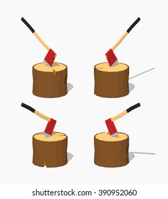 Hatchet in the stump. 3D lowpoly isometric vector illustration. The set of objects isolated against the white background and shown from different sides