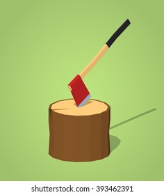 Hatchet in the stump against the green background. 3D lowpoly isometric vector illustration