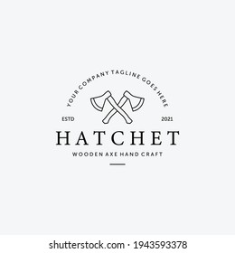 Hatchet Wooden Ax Lumberjack Line Art Vector Logo, Illustration Design of Woodcutter Concept