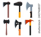 Hatchets and axe vector cartoon set isolated on a white background.