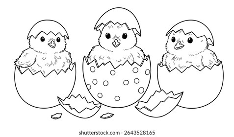 Incubando filhotes de filhotes de filhotes arte três aves fofas emergindo da Páscoa quebrada ovos conchas esboço desenho