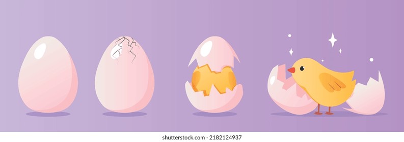 Hatching bird process set. Collection of birth stages of chick or animal. Passage of time and stages of life. Farming and agriculture. Cartoon flat vector illustrations isolated on violet background