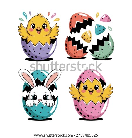 Hatching chick and bunny egg characters, kawaii icons for Easter giveaway stickers, classroom craft session, church egg hunt event poster