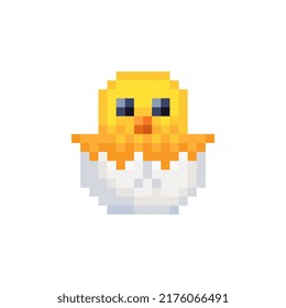 Hatching Chick. Easter Baby Chicken Character In Eggshell. Pixel Art. Happy Easter Greeting Card Design. Isolated Vector Illustration. 