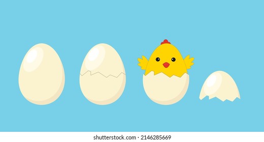 Hatching of a chick from an egg. Easter chick birth process. Easter. Vector illustration for design and print