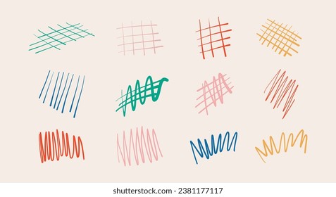 conjunto de dibujo manual de garrapatas y líneas cruzadas. trazos verticales, diagonales o paralelos. garabatos a través de la raya. Ilustración de material vectorial aislada