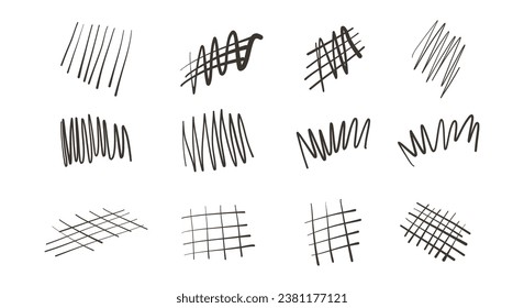 hatching and crosshatch lines doodle hand draw set. vertical, diagonal or parallel strokes. strikethrough doodles. Vector stock illustration isolated