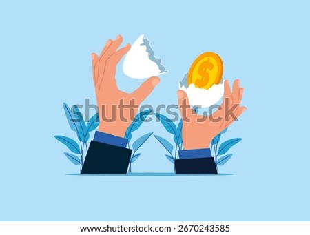 Hatching egg with dollar golden Coin Inside. Begin new job position in of comfort or safe zone. New creative idea thinking process. Savings, Collecting Money in Account, Open Bank Deposit.