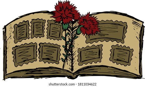 Hatching grunge vector clipart of two red carnations lying on the open pages of a photo album. Color illustration of a book with pictures on sheets and flower stalks. The concept of memory, mourning