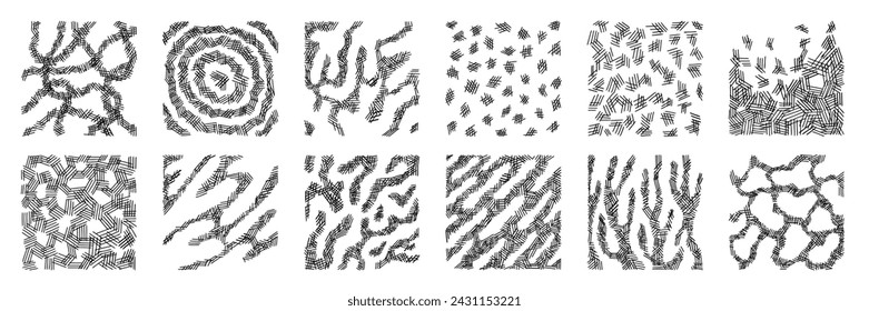Hatching hand drawn texture shape collection. Crosshatch pencil line circle, canvas, grid and organic shape background. Doodle vector illustration.