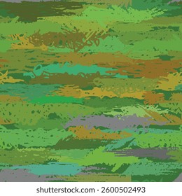 Hatching horizontal stripes of different shades of green background. Khaki color palette. Camouflage brush stroke print texture. Daub grunge doodle hand draws wallpaper. Vector seamless camo pattern