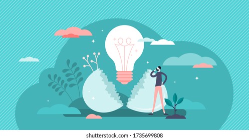 Hatching idea vector illustration. Creative new strategy born process flat tiny persons concept. Success business innovation symbol as egg shell cracking and light bulb birth metaphoric visualization.