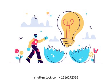 Hatching idea vector illustration. Creative new strategy born process flat tiny persons concept. Success business innovation symbol as egg shell cracking and light bulb birth metaphoric visualization.