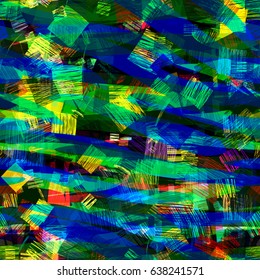 Hatching squares and stripes. Blue and green colors. Seamless background. Vector texture for fabric, wrapping, home decor.