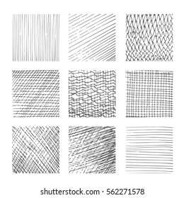 Hatching textures, cross lines canvas patterns on white background vector illustration